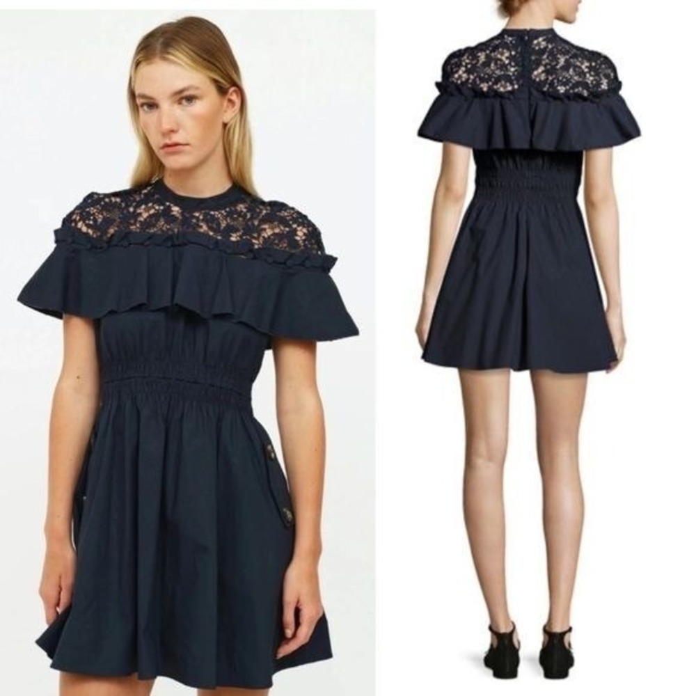 Self-Portrait || Hudson Lace-Yoke Ruffle Smocked Waist‎ Mini Dress Navy Blue 4